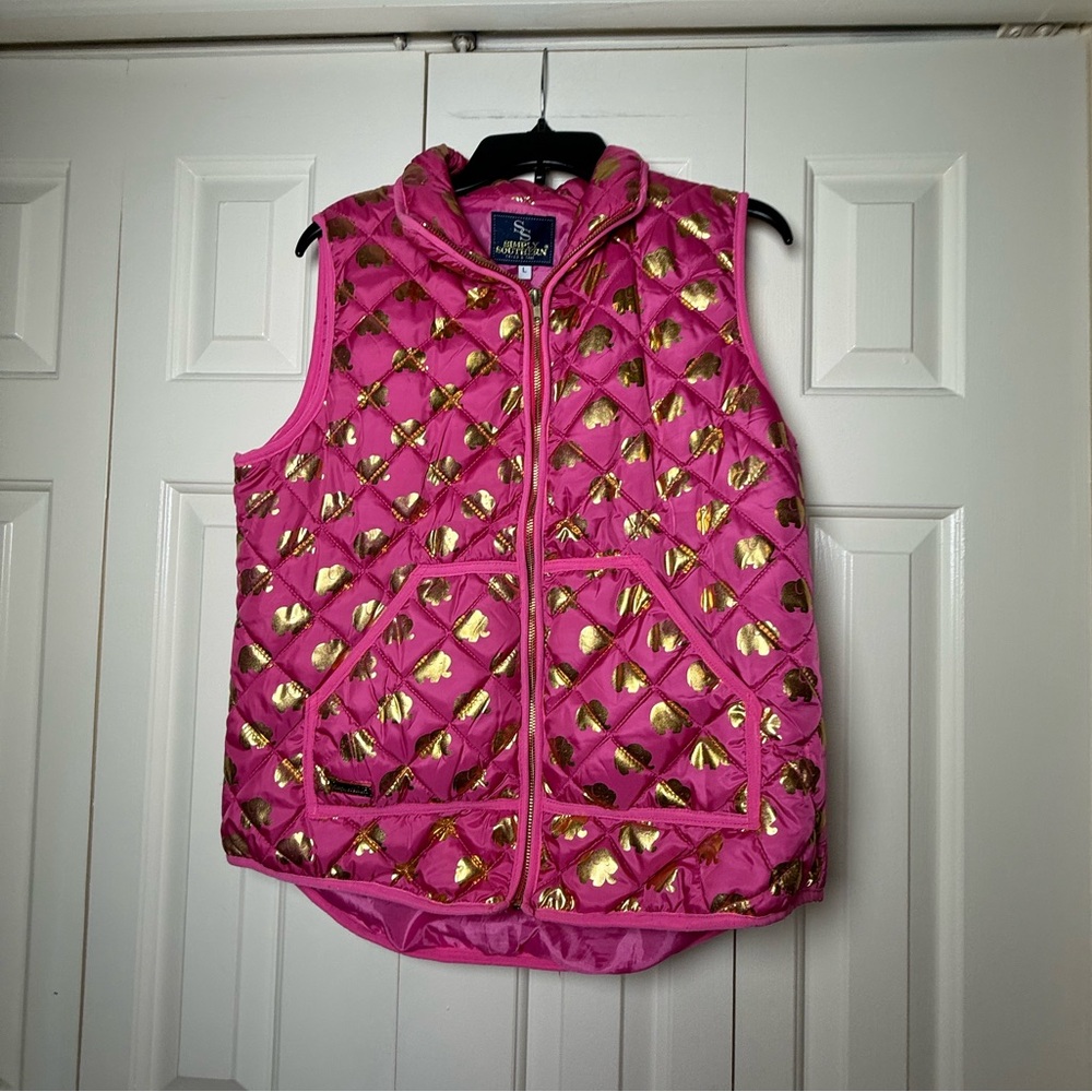 Simply Southern quilted‎ pink and gold elephant print puffer vest